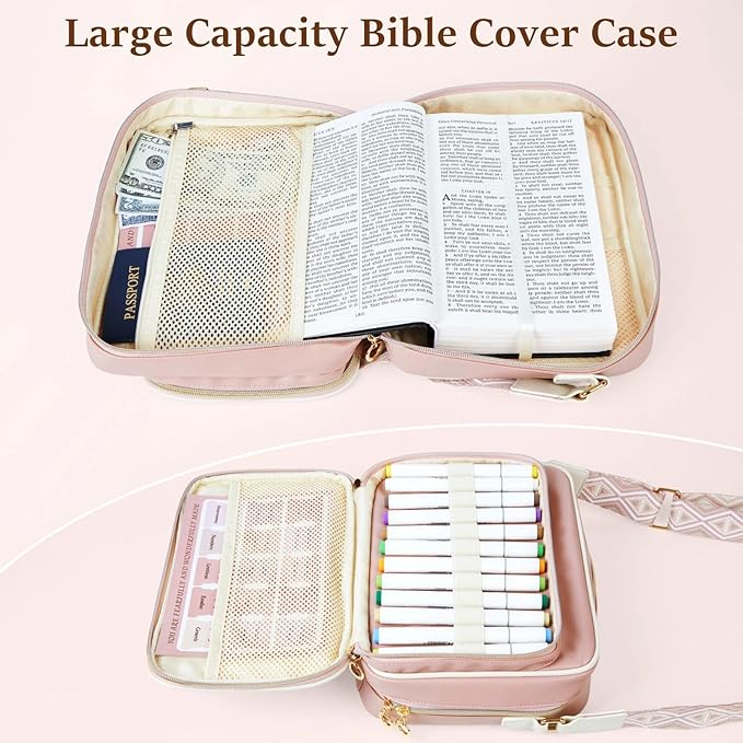 MHJY Bible Bag Leather Bible Cover Case for Women Zipper Quilted Bible Cover with Bible Tabs and Shoulder Strap Crossbody Purses for Book Cover