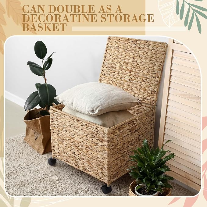 Jingmore Rolling File Box Organizers, Water Hyacinth Letter/Legal Size File Organizer with Lid and Locking Wheels, Collapsible Hand Woven Hanging Filing Cabinet Box for Office/Home Decor, Natural