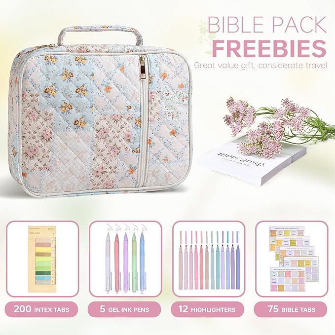 Bible Cover Case for Women Large Bible Cover with Durable Handle Quilted Bible Carrying Case for Girls Bible Study Supplies Accessories (Spliced Flower, Spliced Flower)