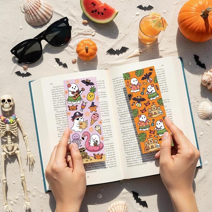 Summer Colorful Reading Bookmark - 120pcs Summer Book Marks Bulk for Book Club Lovers, Gothic Ice Cream Watermelon Spooky Halloween Ghost Double-Sided Bookmark Fantasy Merch for Bookish Gift