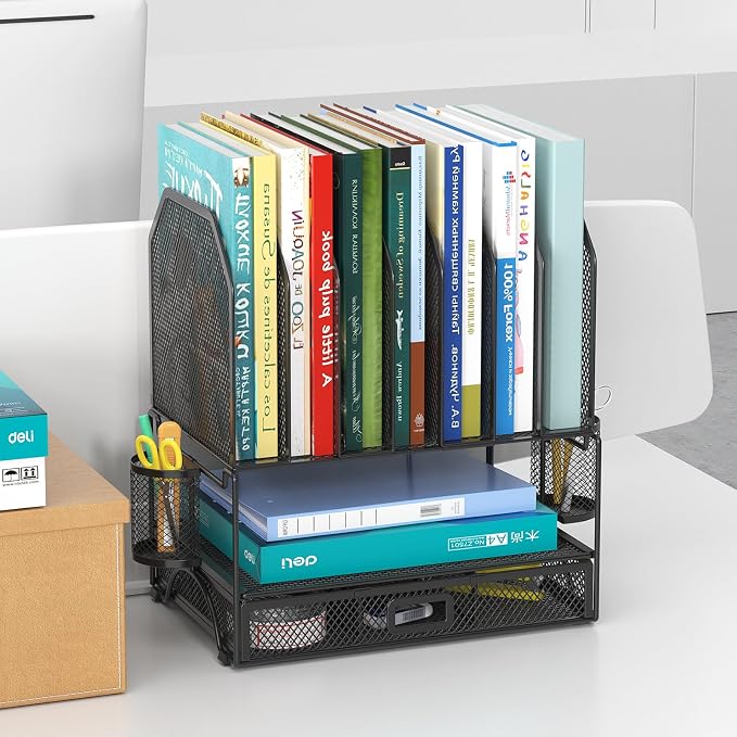 FANXIYQ Metal Desk Organizer with Sliding Drawer, 7-Section File Organizer for Desk, Desktop File Folder & Paper Organizer with 2 Hanging Pen Holders, Office Supplies Organizer, Black