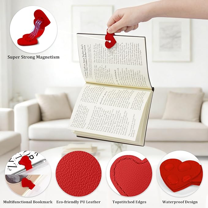 2Pcs Magnetic Leather Heart Bookmarks with Pen Holder, Cute Book Markers Clip with Gift Box, Reading Accessories for Book Lovers Women Teachers Students, Red