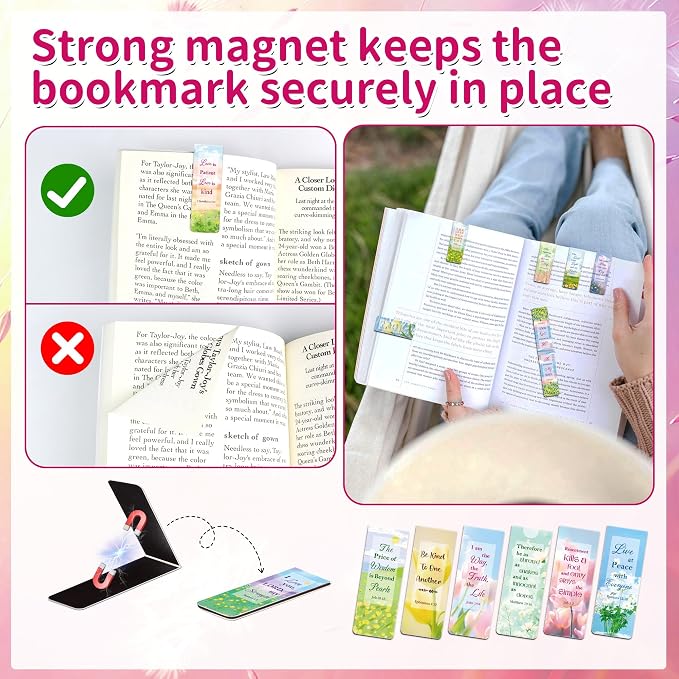 144Pack Magnetic Bookmarks Christian Bookmarks Bulk Bible Bookmark for Reading Women Men Kids Teacher Book Lovers Gifts, Religious Magnet Bookmark Clips Inspirational Personalized Book Marks (Flower)