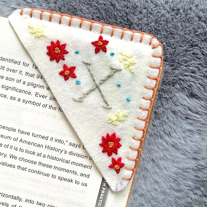 Personalized Hand Embroidered Corner Bookmark, Cute Flower Book Mark, Hand Stitch Gift for Women Book Lovers by HNQCPCVU (X, White)