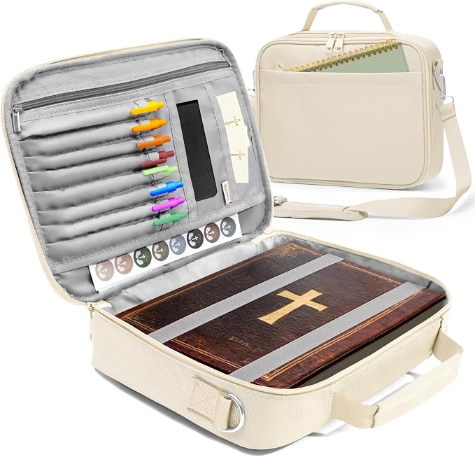 SUNEE Bible Cover for Women, Large Bible Bag w/Shoulder Strap Carrying Book Case w/Pen Slots and Zippered Pocket, Gift for Women & Men, Beige