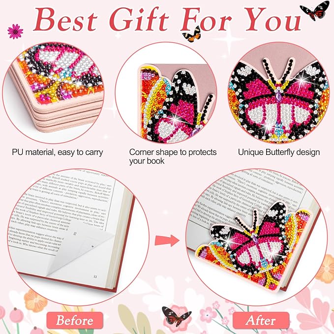 WIVICO 4 pcs Diamond Painting Bookmarks, DIY Diamond Art Kits for Adults, Book Corner - Protecting Bookmark Craft Supplies Kits for Book Lovers(Pink Butterfly)