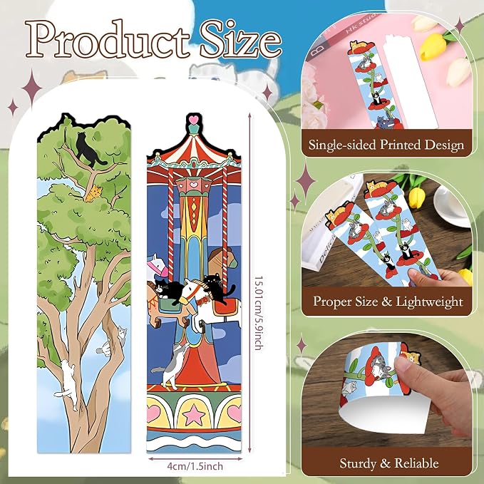 Wxiben Cat Bookshelf Bookmarks Gifts - 90 Pcs Cartoon Cats World Paper Bookmarks Book Marks Page Marker Clip Gift for Women Men Teachers Office Book Cat Lovers Bookish Reading Accessory