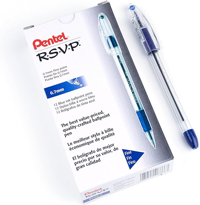 Pentel RSVP Ballpoint Pen, (0.7mm) Fine Line, Blue Ink, Box of 12 (BK90-C)