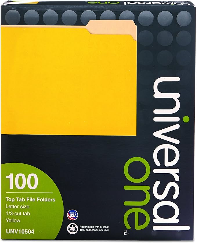 Universal 10504 File Folders, 1/3 Cut One-Ply Top Tab, Letter, Yellow/Light Yellow (Box of 100)