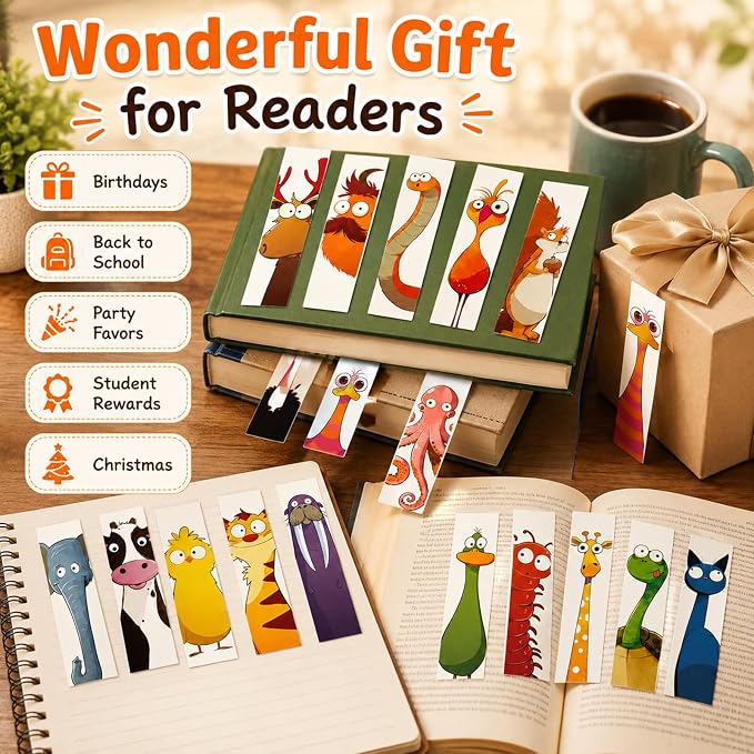 30Pcs Fun Bookmarks for Kids,Funny Animals Cartoon Kids Bookmarks,Creative Cartoon Page Holders,Funny Book Marks for Book Lovers/Students/Readers/Teacher,4th of July Gift.