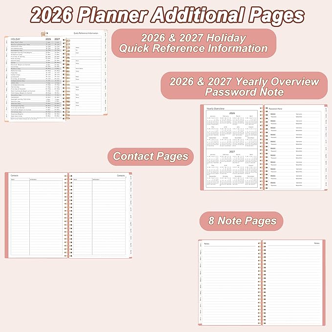 2026 Day Planner, Jan.2026-Dec.2026, 6.2" x 8.4", 2026 Planner Weekly and Monthly, 2026 Agenda Planner with Tabs & Pocket, 100GSM Thick Paper, Pink