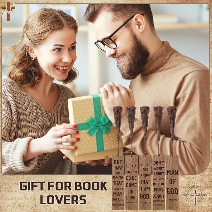 20 Pcs Father's Day Church Gifts 5.5" Walnut Christian Bookmarks for Men Man of God Wooden Bookmarks with Rope and Beads Handmade Carving Bible Book Marks for Father's Day Religious Favors