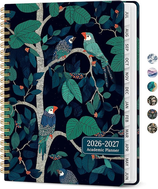 Planner 2026-2027, Academic Monthly and Weekly Calendar Planner for Women, July 2026 - June 2027, Hardcover Pretty Agenda Planner Book with Tabs, Spiral Daily Organizer for School Office Home Supplies, 8.5" x 11" - Midnight Aviary