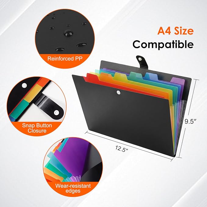 Tungta 7 Pockets Expanding File Folder, Rainbow Label Accordion Organizer for A4 Documents
