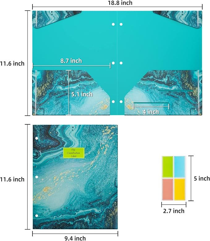 Ospelelf Folders with Pockets, Waterproof Plastic Folder with Two Fixed Corner Tabs and 2 Pockets Includes Business Card Slot, Includes Sticker, Fits 3 Ring Binder Holds 11" x 8.5", 6-Pack