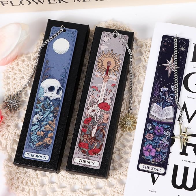 Gothic Tarot Bookmarks Gifts - 3PCS Funny Bookmarks for Women, Tarot Reading Accessories for Book Lovers, Horror Sun Moon Star Halloween Christmas Birthday Gifts for Friends Bookish