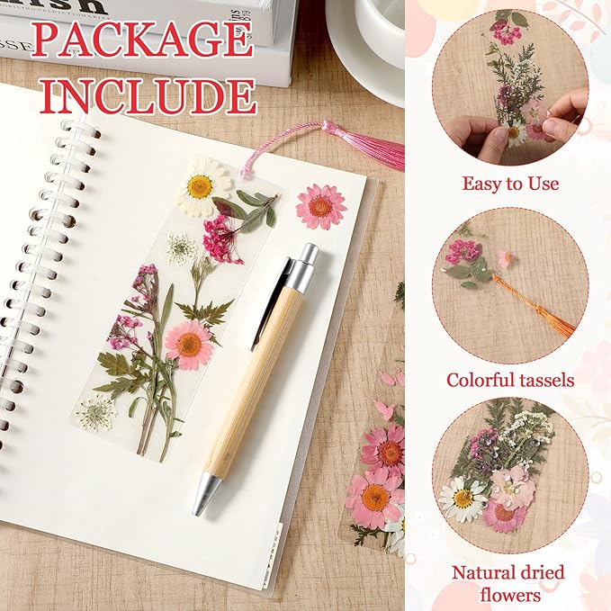 20 Sets Dried Flower Bookmark Making Kit Transparent Bookmark DIY Projects Craft Gift Bulk PET Sticker with Color Tassels and tweezer for Classroom Activities Reading Award and Book Lovers