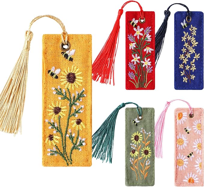 Skyygemm 5 Pcs Floral Embroidered Bookmarks with Tassels for Women Cute Handmade Flower Bookmark Bulk Linen Hand Embroidered Bookmark, Unique Book Lovers Gifts for Women Reading Lovers