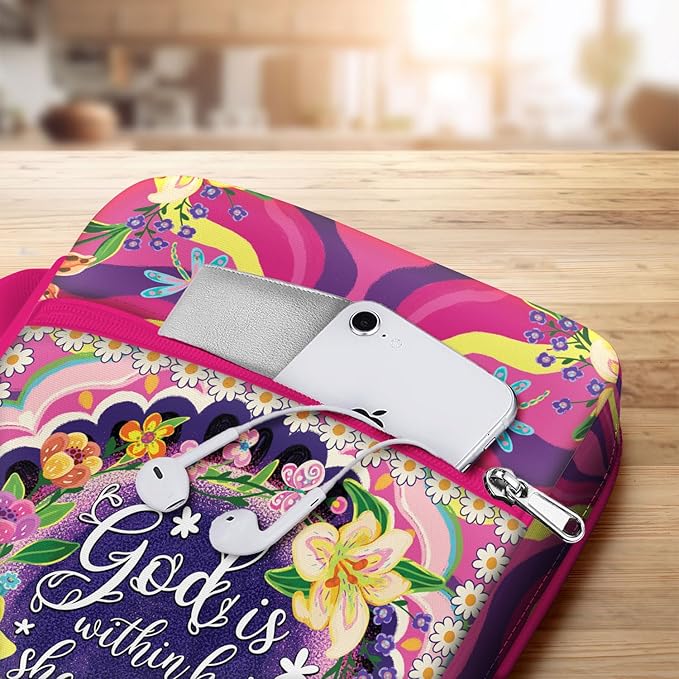 Floral Faith Bible Cover for Women, God is Within Her She Will Not Fall, Christian Canvas Bible Case with Handle and Zipper Pocket, Fits Standard Size Bible, Inspirational Gift for Bible
