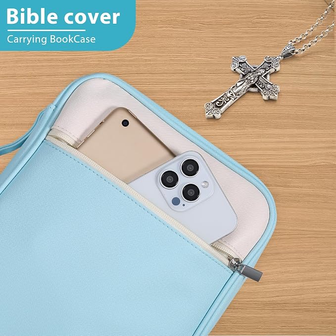 GERMUN Bible Cover with Durable Handle, Carrying Book Case Church Bag Bible, Protective with Zippered Pocket, Bible Accessories Supplies, Book Protector for Book Lovers, WhiteBlue