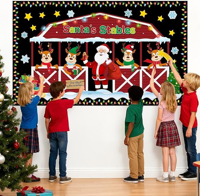 Geyoga Christmas Bulletin Board Decorations Set Santa's Stable Reindeer Christmas Winter Classroom Decorations Door Wall Holiday Light Bulb Elk Bulletin Boards Cutouts Borders School Office Supplies