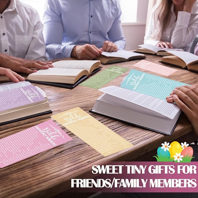 Motiskyy 100 Pcs Christian Bible Verse Emergency Numbers Bookmark Religious Church Gift 2.36 x 6'' Catholic Books of The Bible Card for Women Men Retreat Sunday School(Pastel Color)
