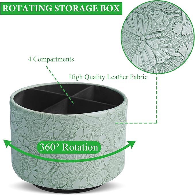 Round Leather Art Supply Organizer,Remote Control Holder,360-degree Rotating Pen Organizer with 4 Compartments(1-Butterfly Green)
