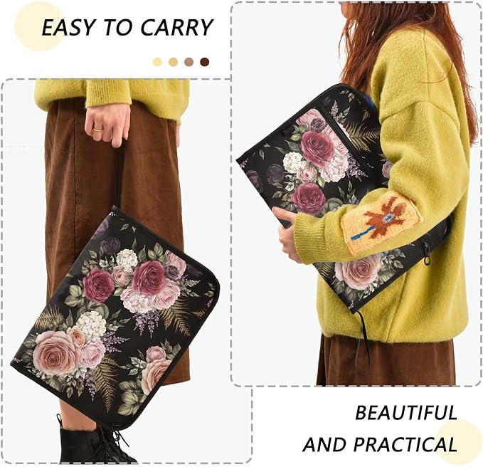 ALAZA Retro Rose Flower Expanding Filing Folder, 13 Pockets Expandable Document Organizer Folder with Zipper Closure for Home Office A4 Letter Size Paper Document