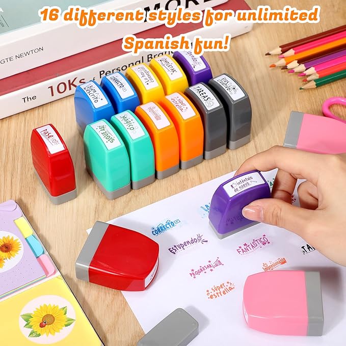 Jetec 16 Pcs Spanish Teacher Self Inking Stamps Teacher Gifts Motivation Grading Stamps for Signature Homework Reward Supplies(Rectangular)