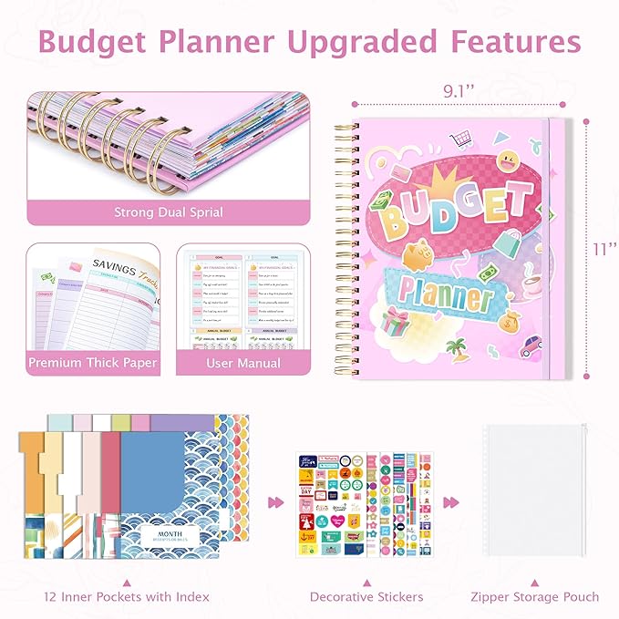 Ospelelf Oversized Budget Planner and Monthly Bill Organizer, Spiral Bindding Money Expense Tracker with Pockets & Stickers, 9" X 11" Large Pages for Spacious Writing, Original Fun Colorful Design, 12 Month Financial Notebook Pink