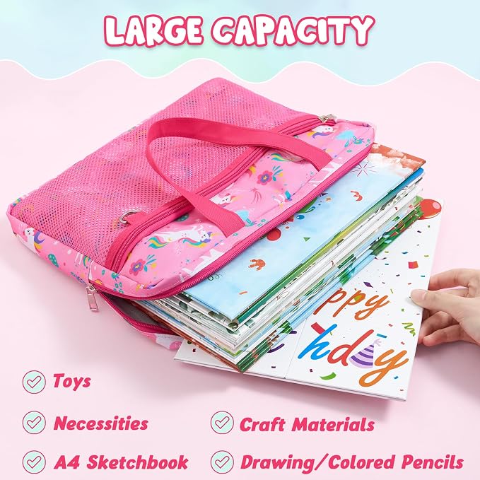 WAWSAM Unicorn Kids Mesh Zipper Pouch, File Organizer Folders with Pocket | 13.78" x 11.42" Waterproof File Folder for Girls with Handle, Document Organizer for School, Books, Travel, Home Storage