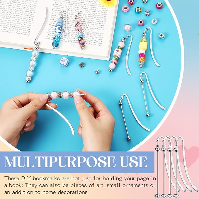 Dunzoom 20 Pcs Beadable Bookmarks DIY Metal Blank Bar Bookmark for Beads Modern Bead Craft Jewelry Pendant Charm Gift for Book Lovers Student Teacher Office Supplies(Silver)
