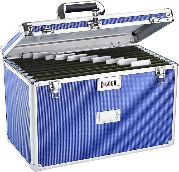 File Storage Cabinet for Legal Size Hanging File Folders, Suspension File Holder, Document Organizer Filing Lockbox in Office and Home with Combination Lock and 10-pack Hanging Files (Blue, Legal)