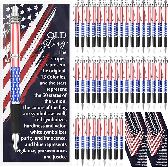 100 Sets American Flag Ballpoint Pens Bulk USA Patriotic Themed Black Ink Retractable Pen Stars Stripes Bookmarks Stationery 250th Anniversary Souvenirs for Memorial Day Veterans Home Office Army