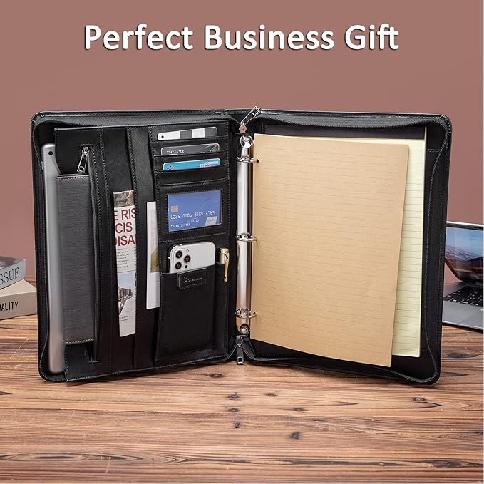 Leather Portfolio with 3 Ring Binder, Vegan Leather Padfolio Zippered, A4 Notebook Holder Laptop Sleeve Professional Business Organizer Gift for Men and Women, Black