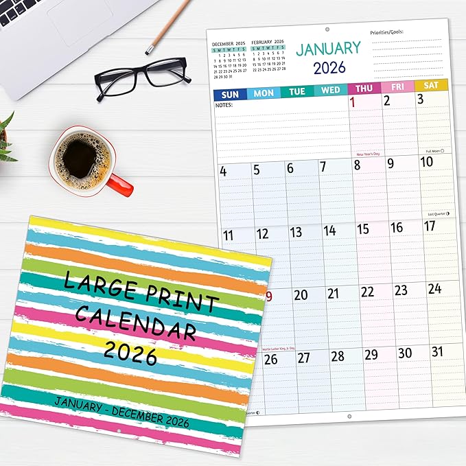 2026 Wall Calendar - Large Print Calendar 2026, 12 Monthly Calendar, Jan. 2026 - Dec. 2026, 14.6 x 22.8 In (Open), 2026 Calendar with Big Numbers, Large Grid, Notes, Moon Phases, Great for Planning