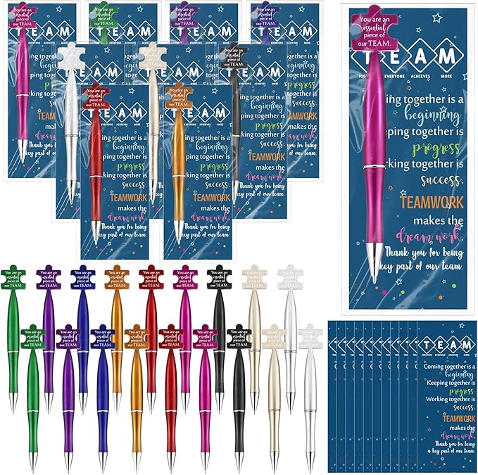 Sinload 60 Sets Team Appreciation Gifts Bulk Inspirational Puzzle Ballpoint Pens Motivational Cards Bookmark for Team Staff Office Coworker Employee Nurse Teacher Week Gifts
