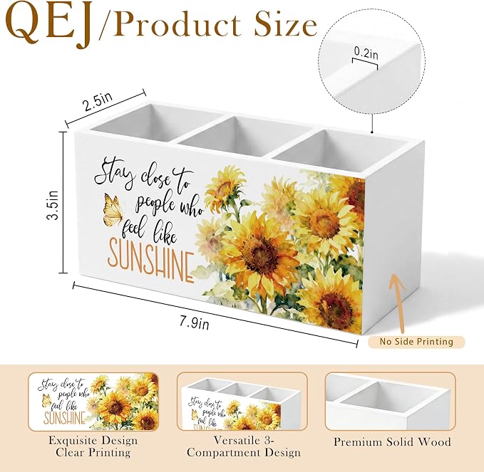 Sunflower Motivational Pen Holder for Desk, Inspirational Gifts for Women, Stay Close to People Who Feel Like Sunshine Wooden Box Pencil Pen Organizer for Home Office Desk Tabletop