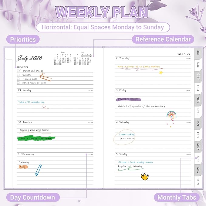 2026-2027 Planner, Weekly and Monthly Calendar Planner from July 2026 - June 2027, 6" x 8.5" Linen Hardcover Agenda Book with Tabs, Pen Holder, Inner Pocket for Office School, Purple