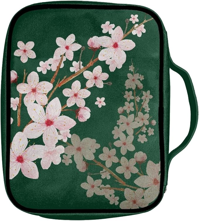 Coldinair Cherry Blossoms Print Bible Covers for Women,Cute Carrying Book Case Church Bag Bible Protector with Handle and Zipper Pocket,Green