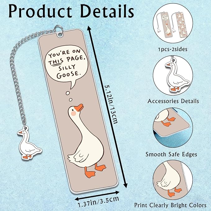 Funny Cute Bookmarks Book Marks for Reading Women Men Book Accessories for Reading Lovers Book Lovers Bookish Gifts for Women Readers Book Marker Reading Accessories Silly Metal Bookmarks Goose 2-Side