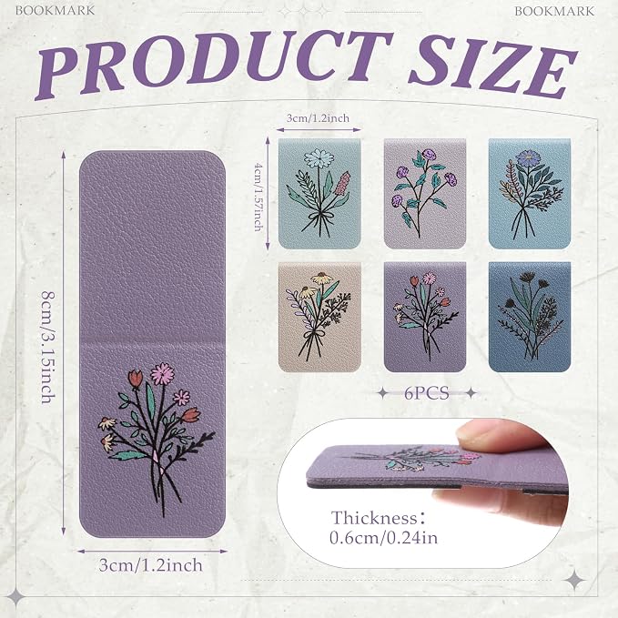 Hsei 6 Pcs Magnetic Leather Bookmark Floral Magnet Leather Book Marker Clips Accessory Women Flower Cute Reading Gifts for Bookworm Lovers Mother's Day Birthday Teacher's Appreciation Gift(Morandi)
