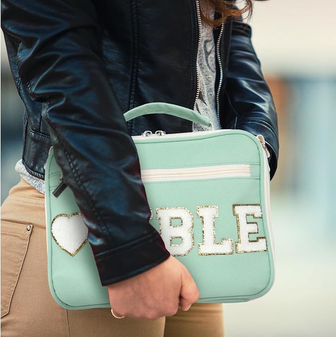 Silkfly Sage Green Bible Cover Case Preppy Large Chenille Letter Church Bag with Shoulder Strap Handle Back to School Gifts Waterproof Christian Tote Bag for Women Teacher Bible Accessories