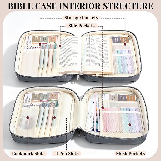 XKDOUS Large Bible Cover, Bible Bag with Handle, Durable Cross Design Bible Case with Bible Accessories, Bible Cover Case for Women and Men, Christian Gift (Gray)