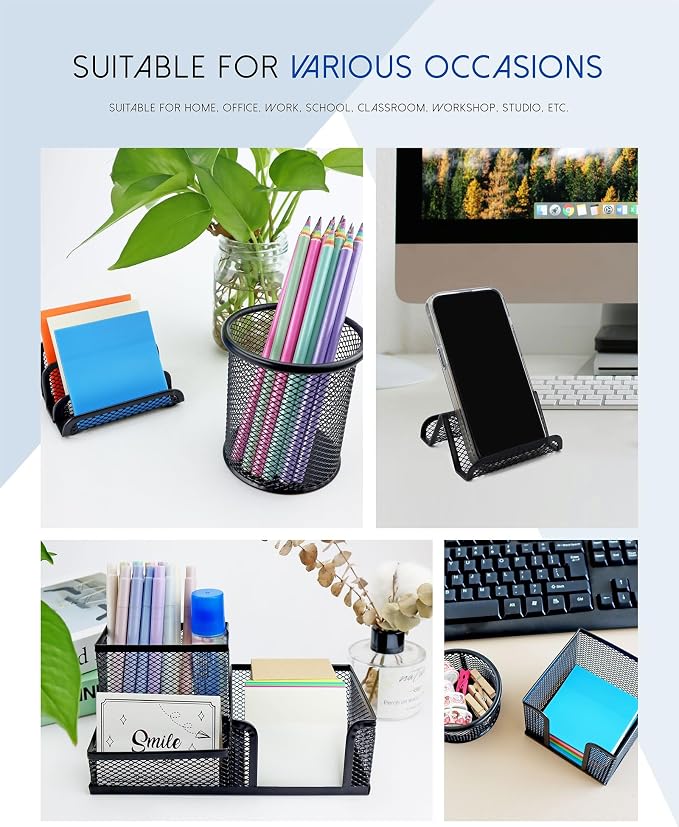 Desk Organizer Set, 6 Piece Mesh Office Accessories, Pen Holder, Phone Stand, Clip Holder, Desktop Storage Set, Black