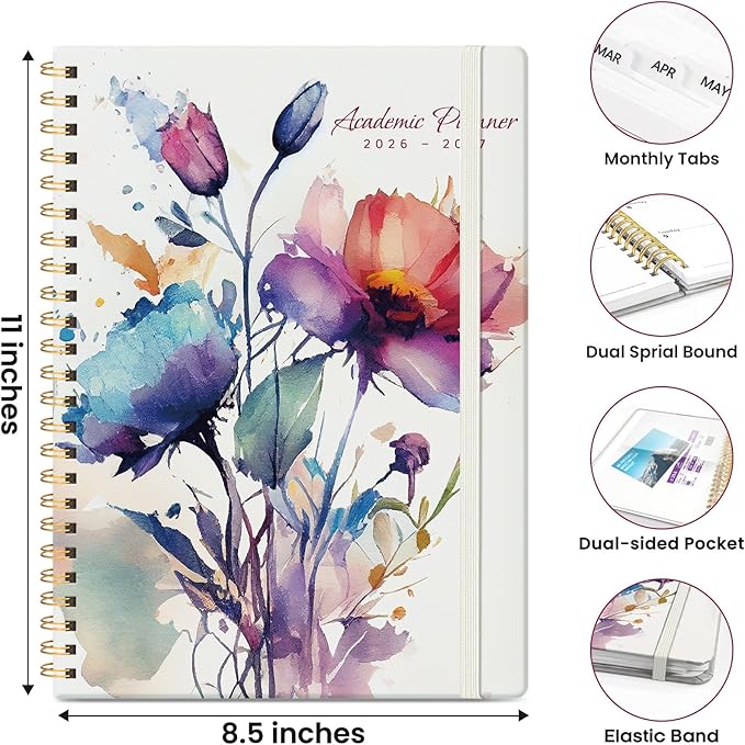 Planner 2026-2027, Monthly and Weekly Academic Planner July 2026 - June 2027, Hardcover Student Teacher Planning Agenda Calendar Book with Tabs, Perfect for Office School Supplies, A4 (8.5" x 11") - Painted Bloom