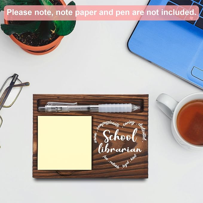 School Librarian Gifts, School Librarian Appreciation Gifts, Thank You Librarian Gifts, Sticky Note Holder, Post-it Note Dispenser for Desk, Wooden Post-it Note & Pen Holder 6.5" x 4.7" - FTA111