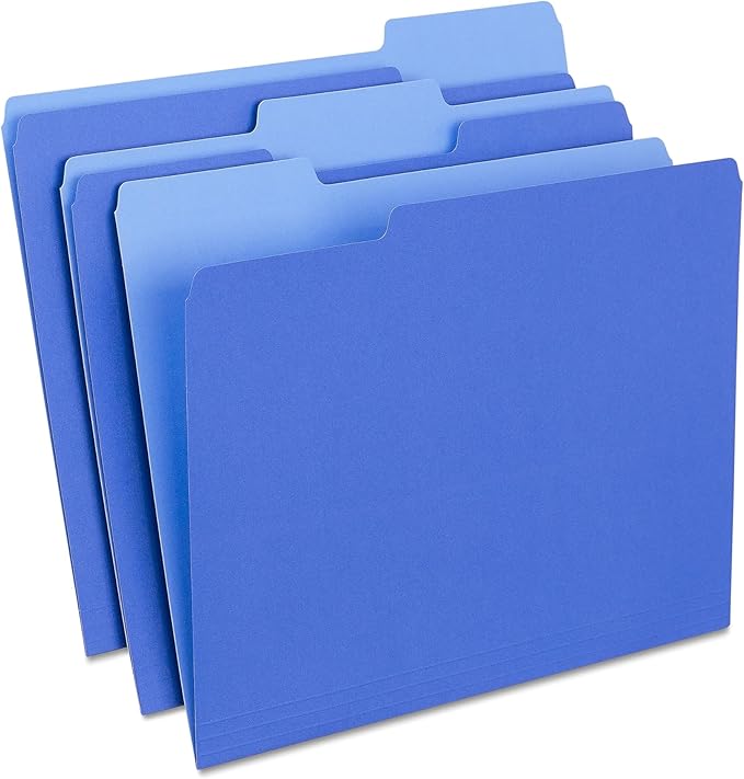 Staples File Folder, Letter Size, 1/3‑Cut Tab, Blue, Durable Paper Stock, 200/Carton