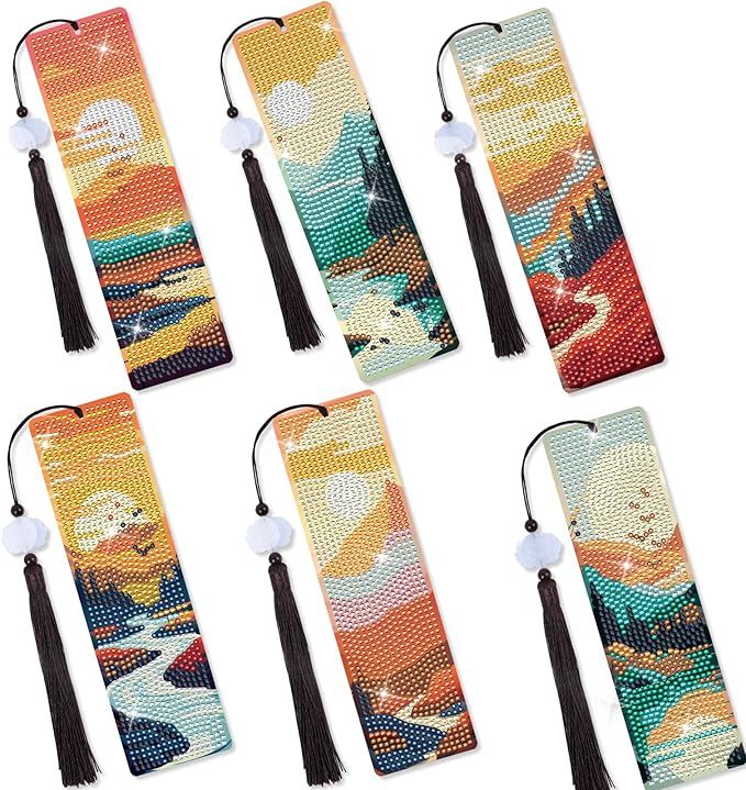 Sitsink Scenery Diamond Art Bookmarks - 6 Pcs Sunset Diamond Painting Bookmark Kits with Tassels, Sunrise DIY Gem Art Rhinestone Crafting Kit for Adults Women