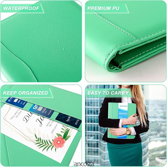 1 Pack Business Padfolio Portfolio Binder, Faux Leather Folio Folder, Resume Legal Document Organizer with Letter Size Writing Notepads (New Mint Green 1 Pack)